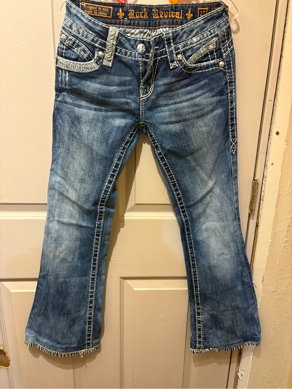 Rock Revival Women's Medium Blue Flare Jeans with Contrast Stitching